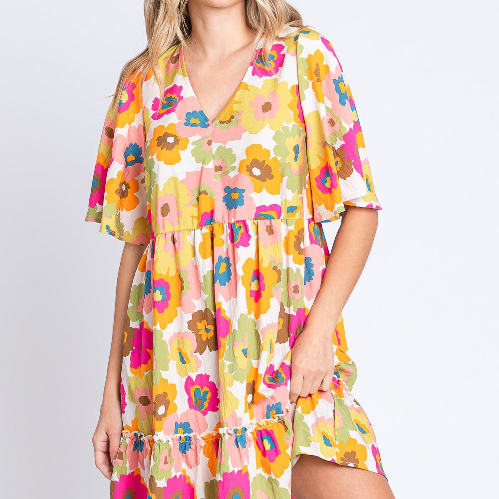 GeeGee Floral V-Neck Ruffle Hem Mini Dress Trendsi