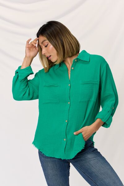 Zenana Texture Button Up Raw Hem Long Sleeve Shirt Trendsi