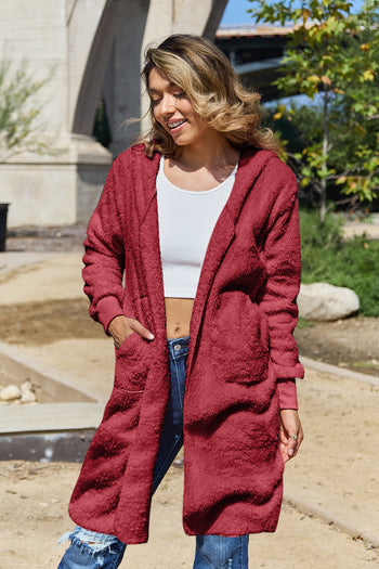 Double Take Full Size Hooded Teddy Bear Jacket with Thumbholes Trendsi