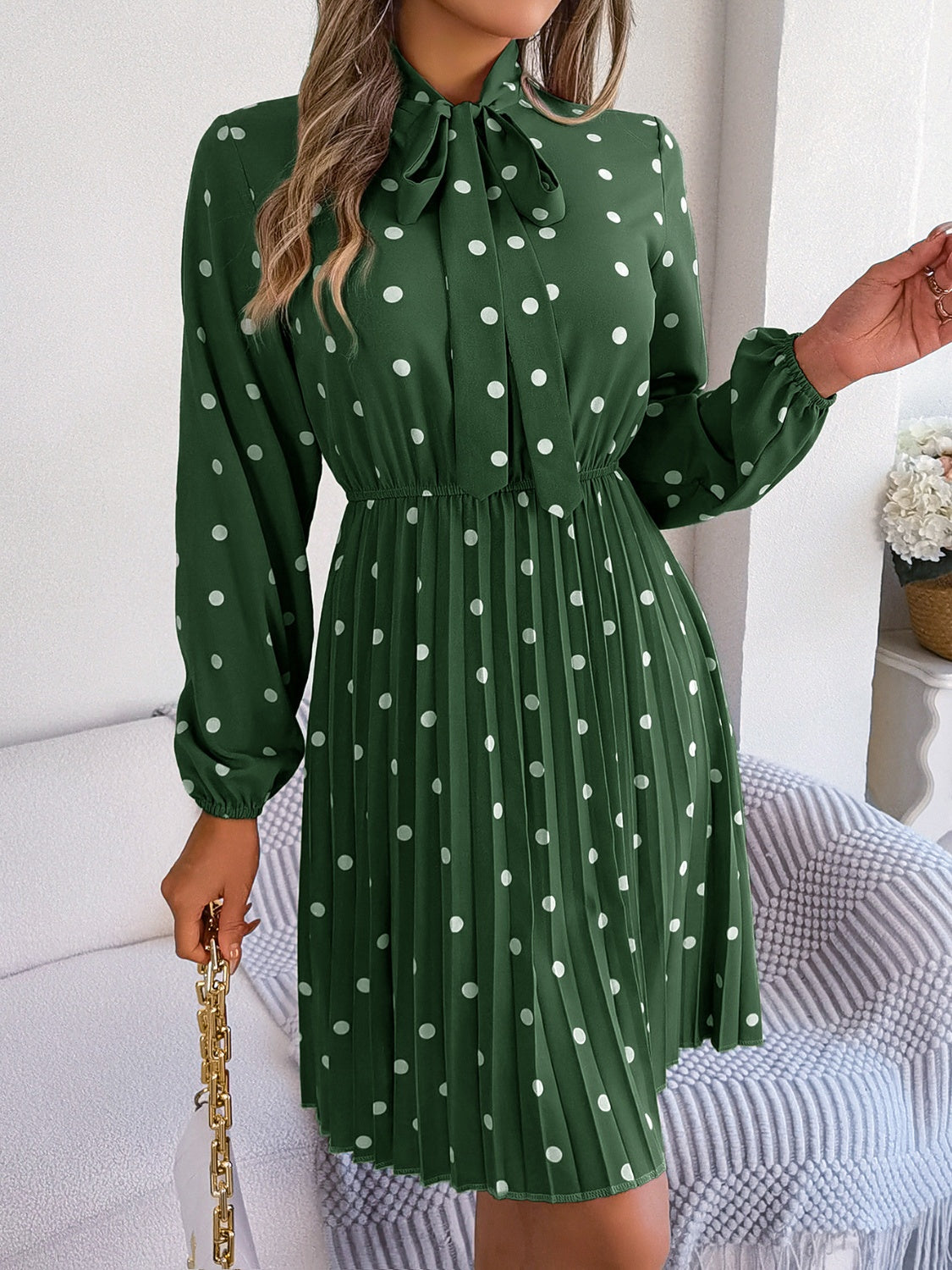 Polka Dot Tie Neck Pleated Dress Trendsi