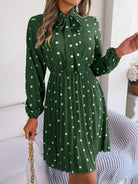 Polka Dot Tie Neck Pleated Dress Trendsi