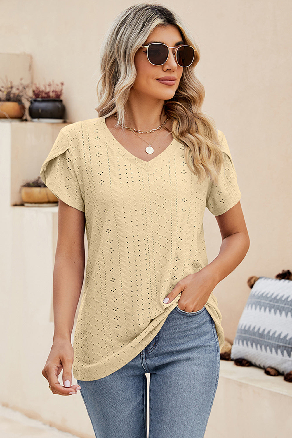 Eyelet V-Neck Petal Sleeve T-Shirt Trendsi