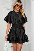 Smocked Tie Neck Flounce Sleeve Dress Trendsi