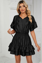 Smocked Tie Neck Flounce Sleeve Dress Trendsi