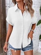 Textured Button Up Short Sleeve Shirt Trendsi