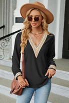 V-Neck Long Sleeve Blouse Trendsi