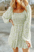 Smocked Floral Square Neck Balloon Sleeve Dress Trendsi