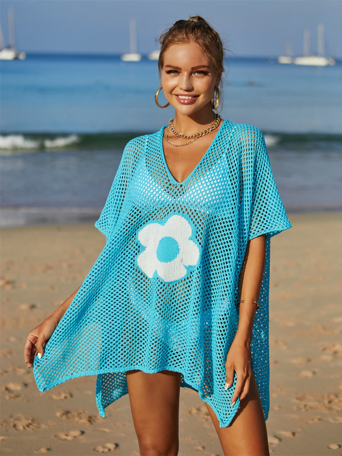 Openwork Flower V-Neck Short Sleeve Cover Up Trendsi