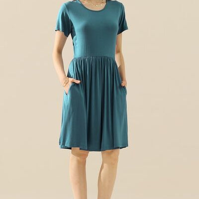 Ninexis Round Neck Ruched Dress with Pockets Trendsi