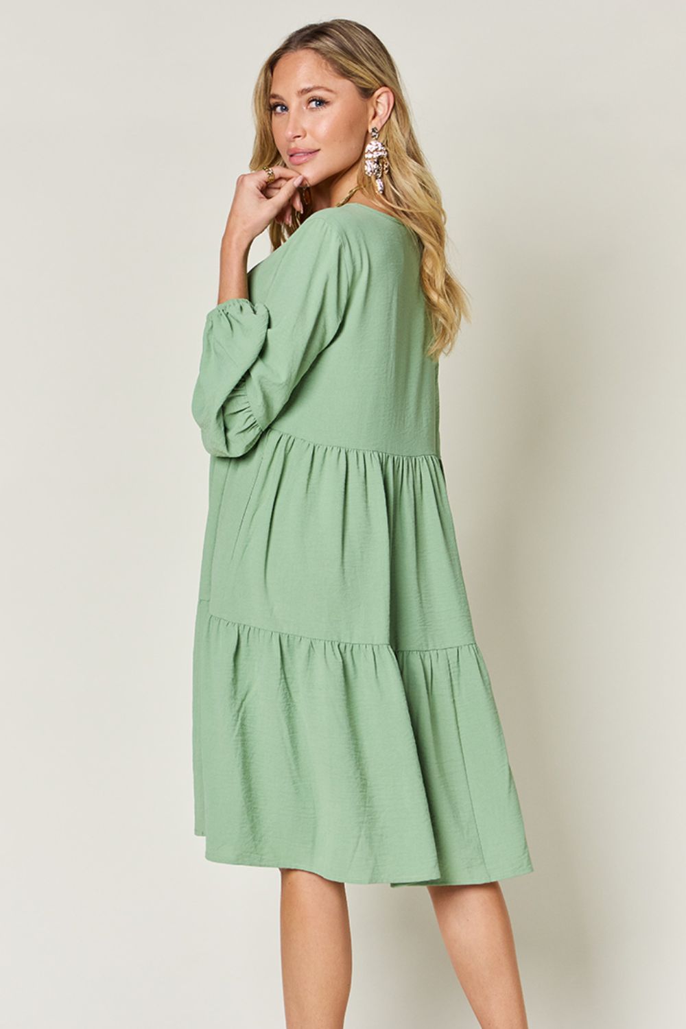 Double Take Full Size V-Neck Balloon Sleeve Tiered Dress Trendsi