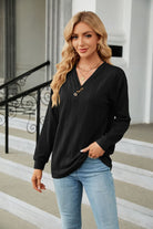 Decorative Button V-Neck Long Sleeve T-Shirt Trendsi