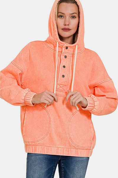 Zenana Drawstring Half Snap Dropped Shoulder Hoodie Trendsi