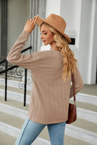 Decorative Button V-Neck Long Sleeve T-Shirt Trendsi