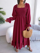 Smocked Square Neck Flounce Sleeve Dress Trendsi