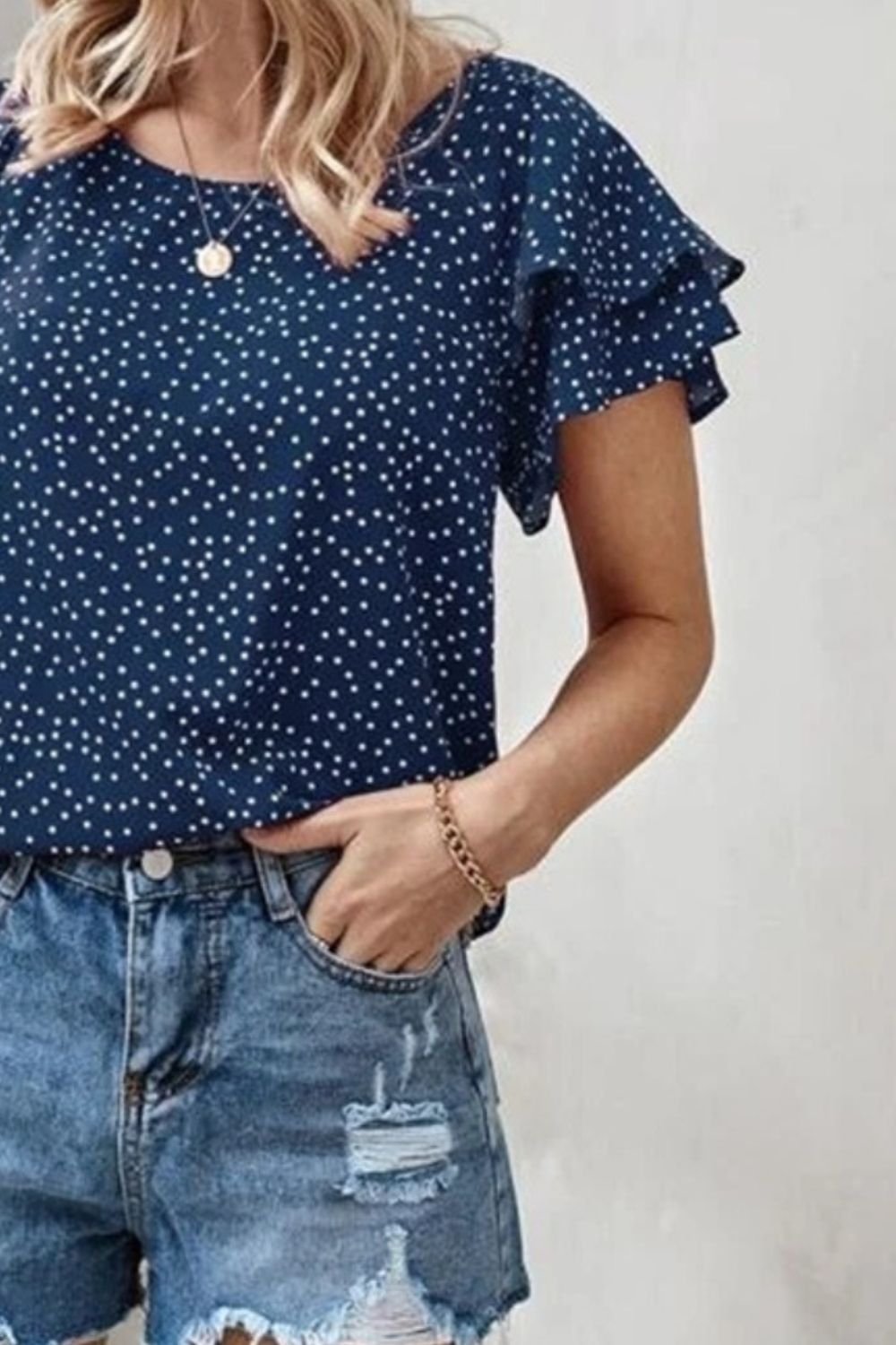 Ruffled Polka Dot Round Neck Short Sleeve Blouse Trendsi