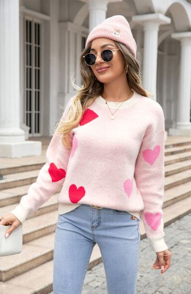 Heart Round Neck Droppped Shoulder Sweater Trendsi