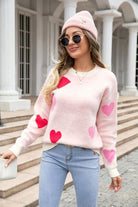 Heart Round Neck Droppped Shoulder Sweater Trendsi