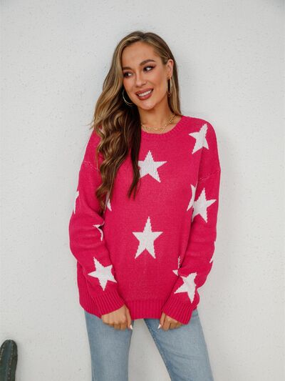 Star Round Neck Dropped Shoulder Sweater Trendsi