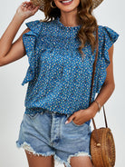 Ruffled Ditsy Floral Mock Neck Cap Sleeve Blouse Trendsi