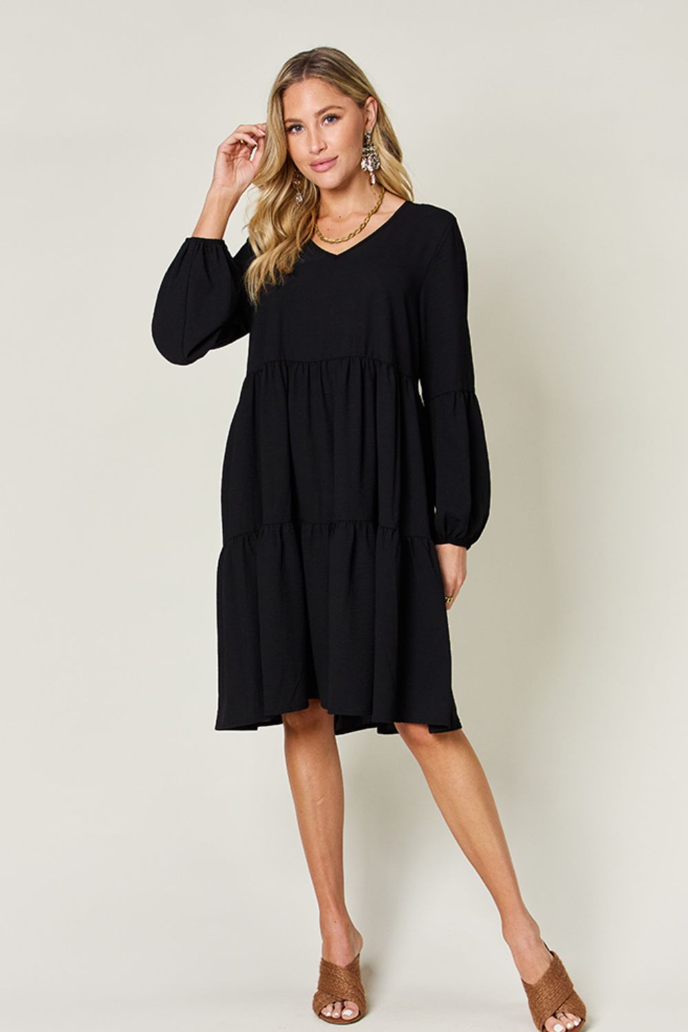 Double Take Full Size V-Neck Balloon Sleeve Tiered Dress Trendsi