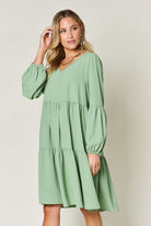 Double Take Full Size V-Neck Balloon Sleeve Tiered Dress Trendsi