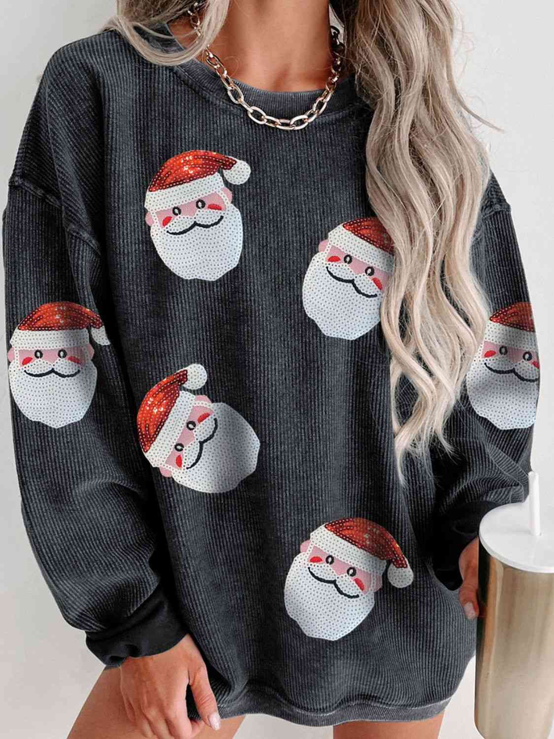 Sequin Santa Patch Ribbed Sweatshirt Trendsi