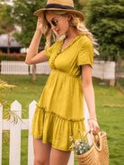 Frill V-Neck Short Sleeve Ruffle Hem Dress Trendsi