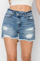 RISEN Stepped Waist Frayed Denim Shorts Trendsi