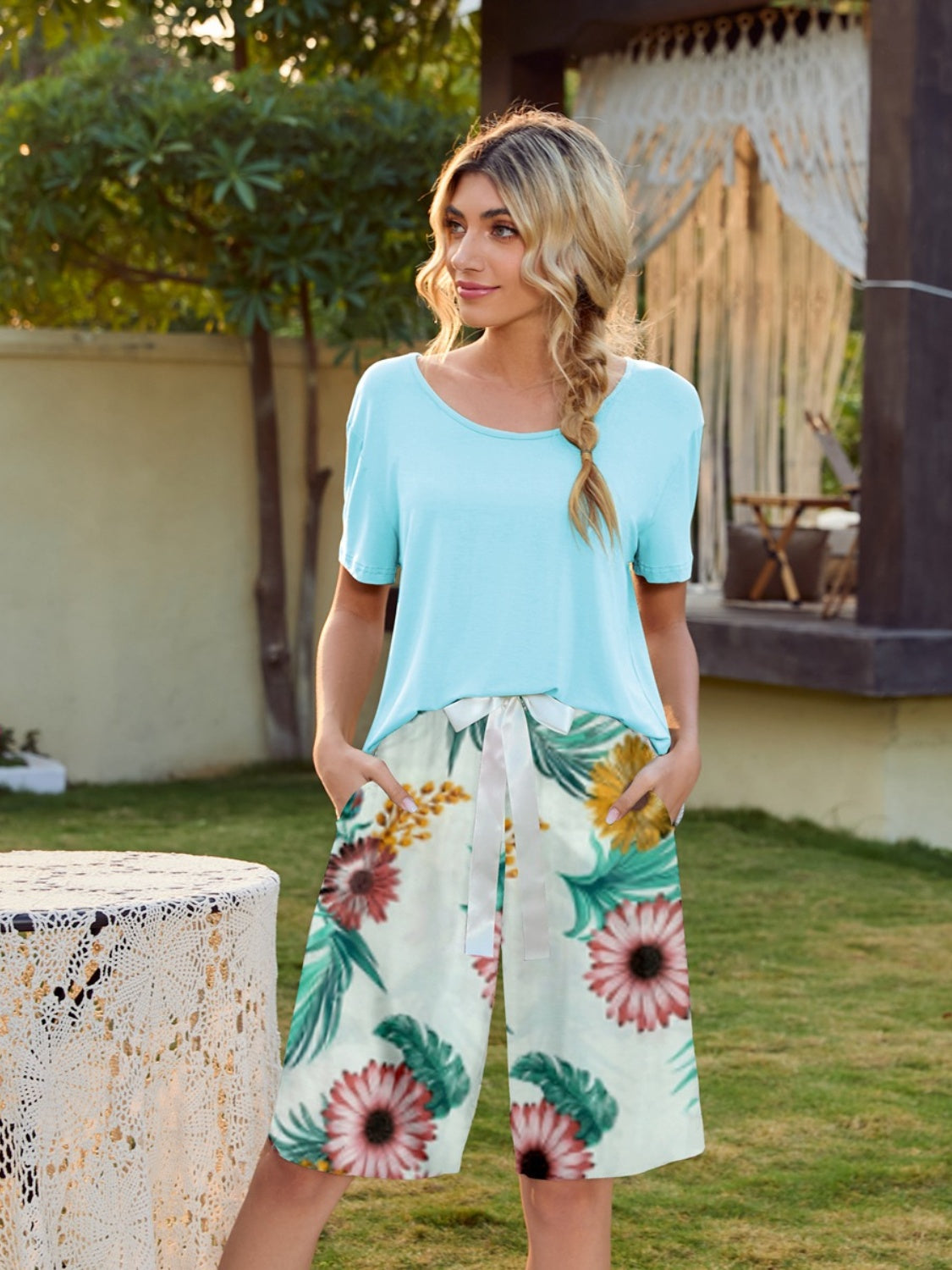 Short Sleeve Top and Printed Shorts Lounge Set Trendsi