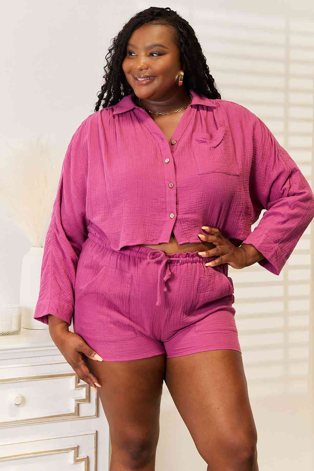 Basic Bae Buttoned Long Sleeve Top and Shorts Set Trendsi