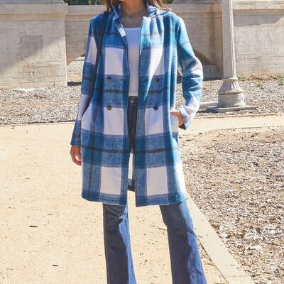 Double Take Full Size Plaid Button Up Lapel Collar Coat Trendsi