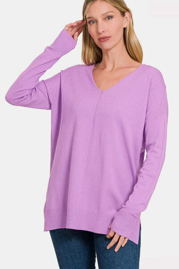 Zenana Slit V-Neck Dropped Shoulder Sweater Trendsi