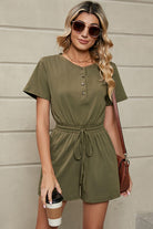 Drawstring Half Button Short Sleeve Romper Trendsi