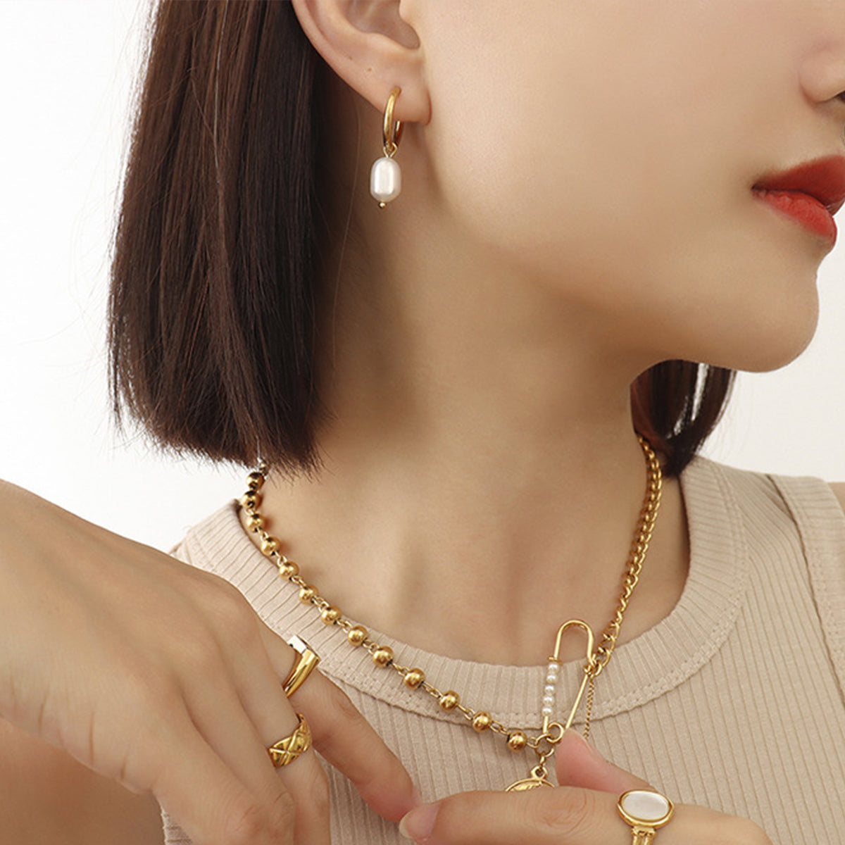 Gold-Plated Titanium Steel Pearl Earrings Trendsi