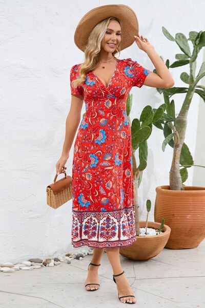 Printed Surplice Short Sleeve Dress Trendsi