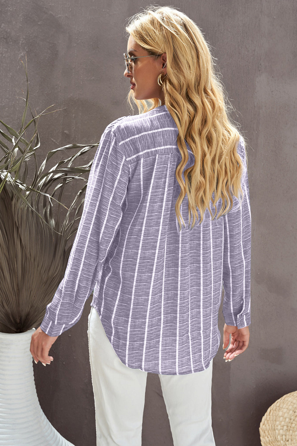 Striped Notched Long Sleeve Shirt Trendsi