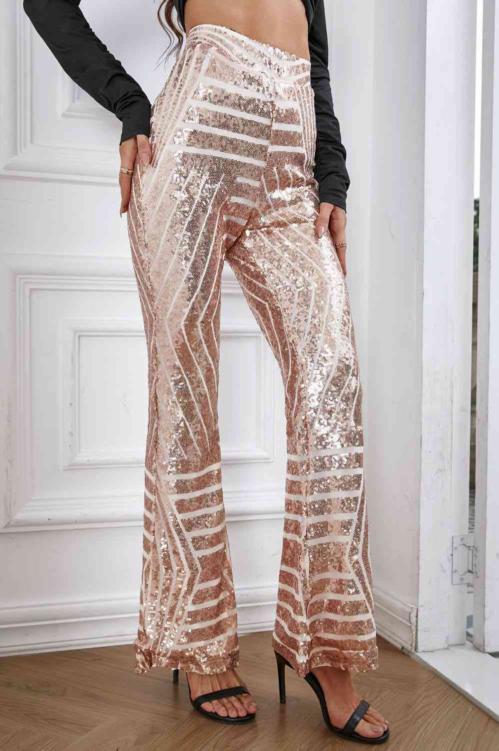 Double Take Sequin High Waist Flared Pants Trendsi