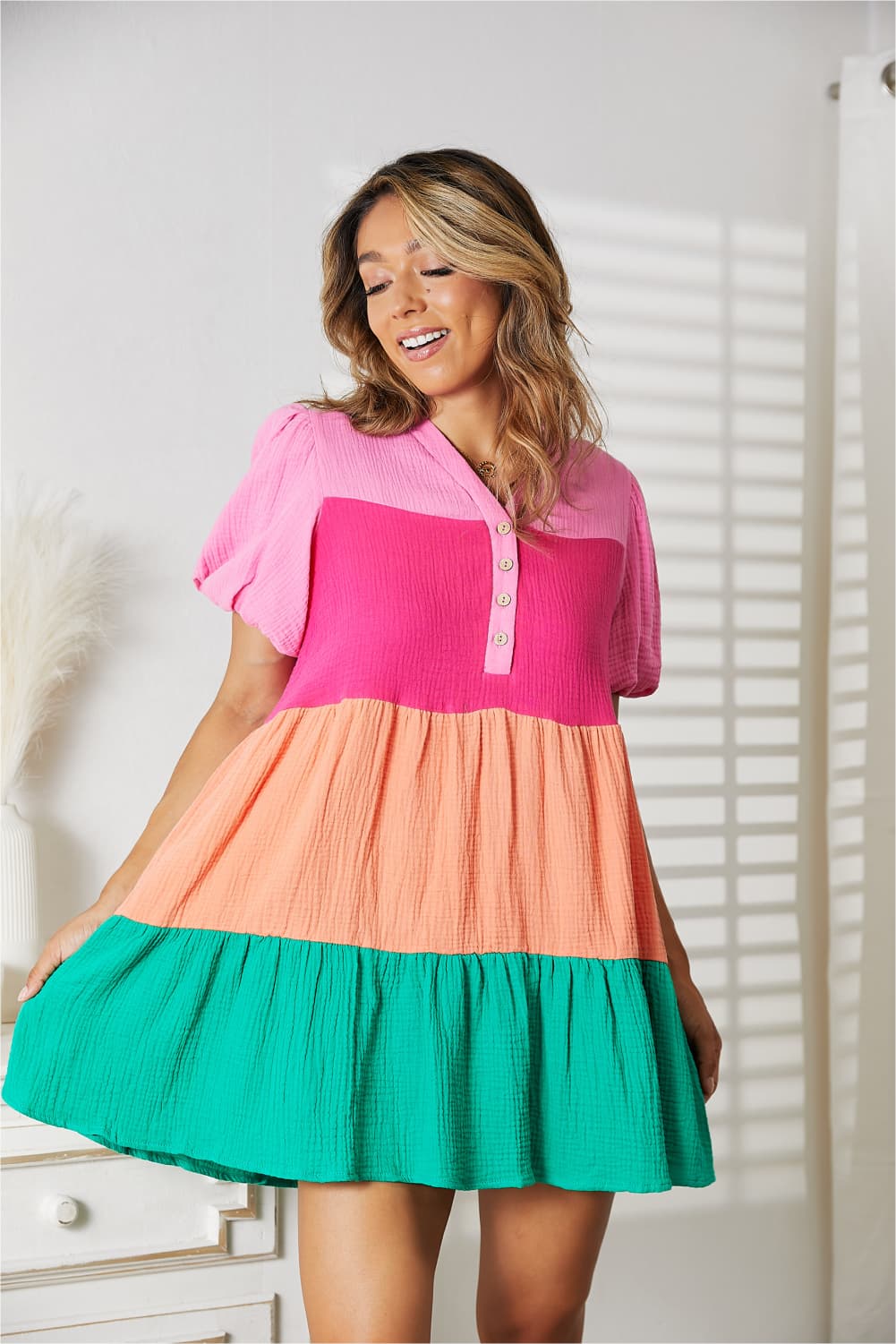 Double Take Color Block Buttoned Puff Sleeve Dress Trendsi