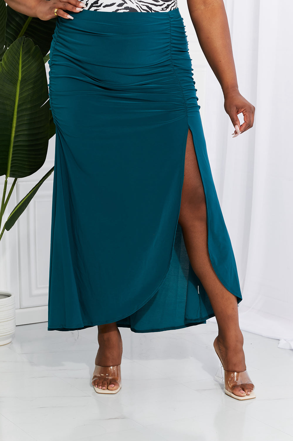 White Birch Up and Up Ruched Slit Maxi Skirt in Teal White Birch