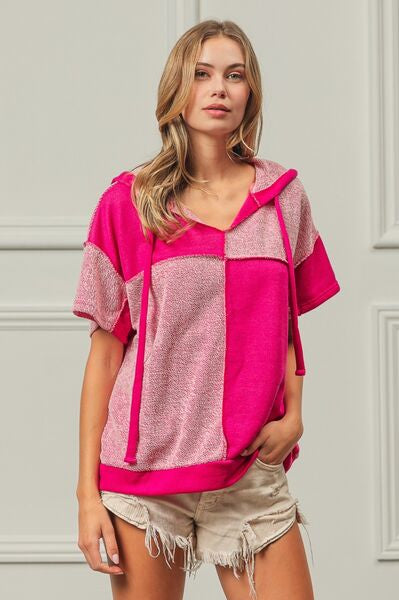 BiBi Color Block Exposed Seam Short Sleeve Hooded Top Trendsi