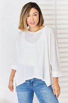 Zenana Full Size Waffle Knit V-Neck Long Sleeve Slit Top Trendsi