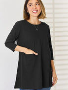 Pocketed Round Neck Half Sleeve Blouse Trendsi