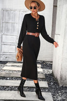 Decorative Button Notched Dropped Shoulder Sweater Dress Trendsi