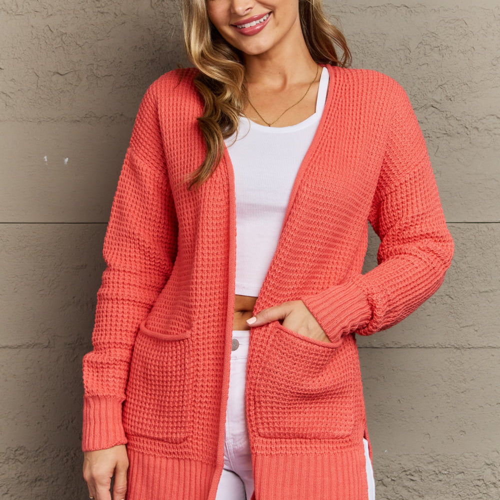 Zenana Bright & Cozy Full Size Waffle Knit Cardigan Trendsi