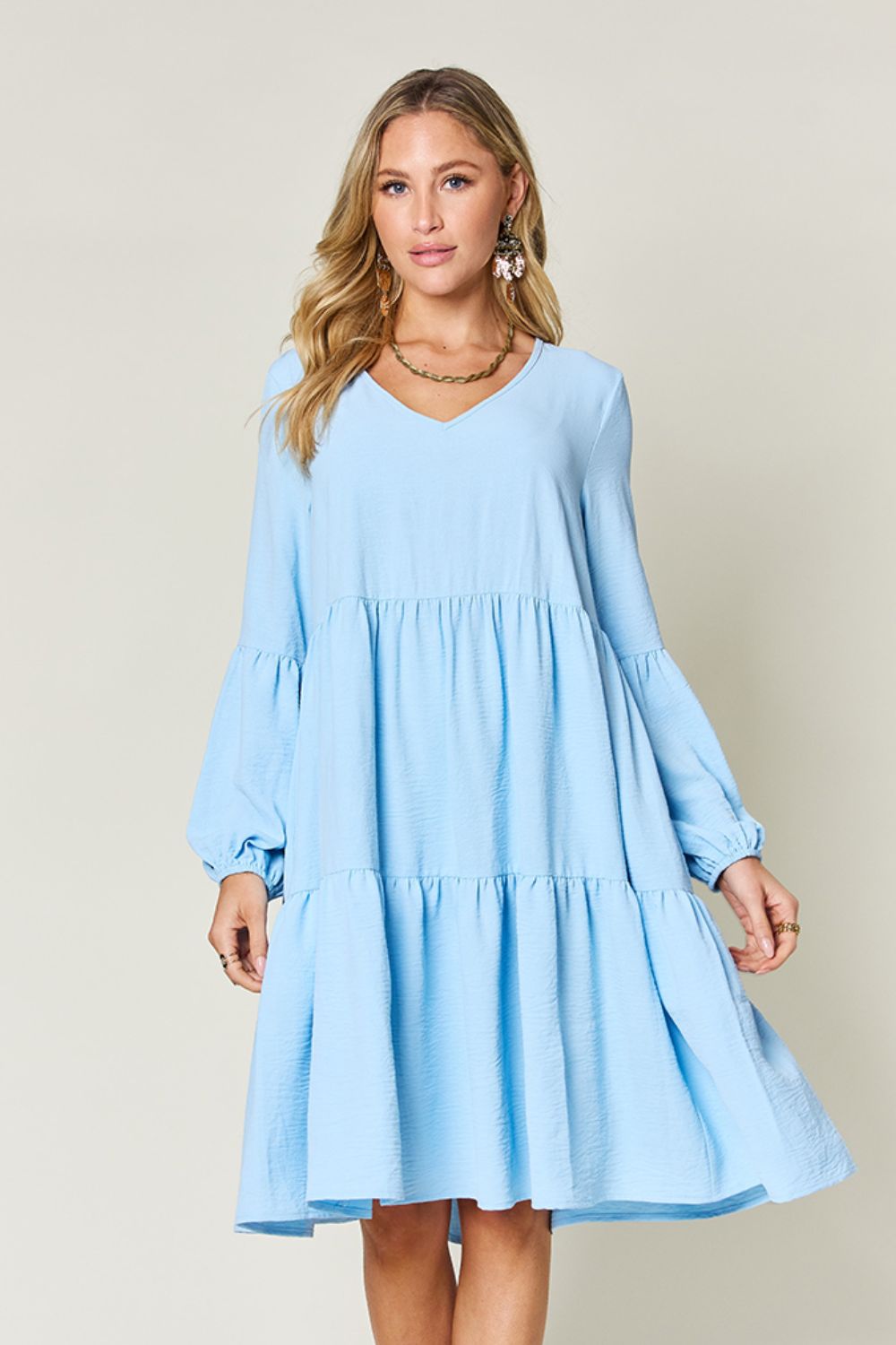 Double Take Full Size V-Neck Balloon Sleeve Tiered Dress Trendsi