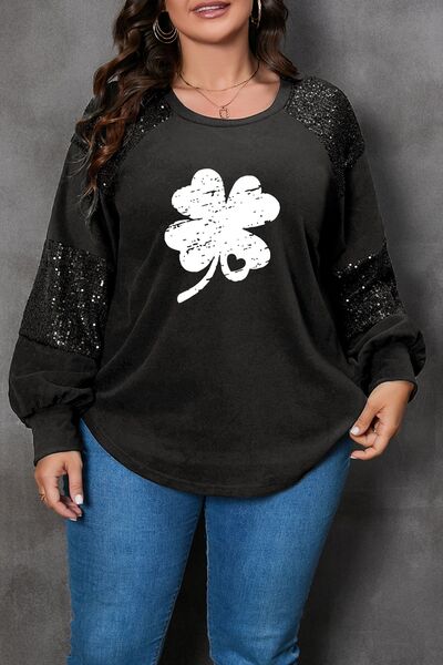 Plus Size Lucky Clover Sequin Round Neck Blouse Trendsi