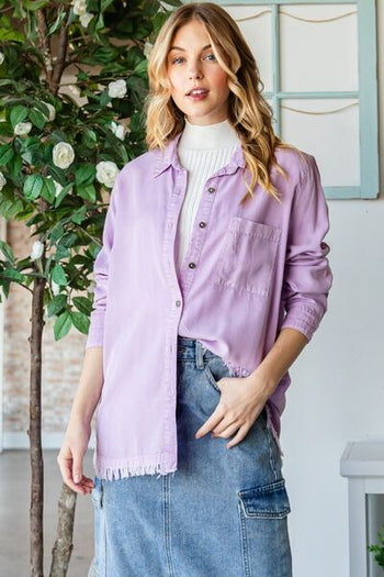 Veveret Raw Hem Button Up Long Sleeve Shirt Trendsi