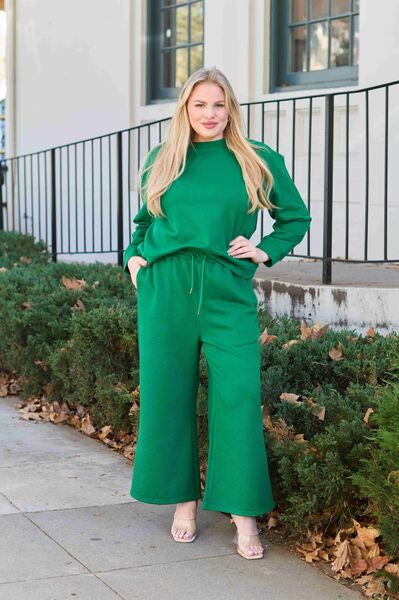 Double Take Full Size Textured Long Sleeve Top and Drawstring Pants Set Trendsi