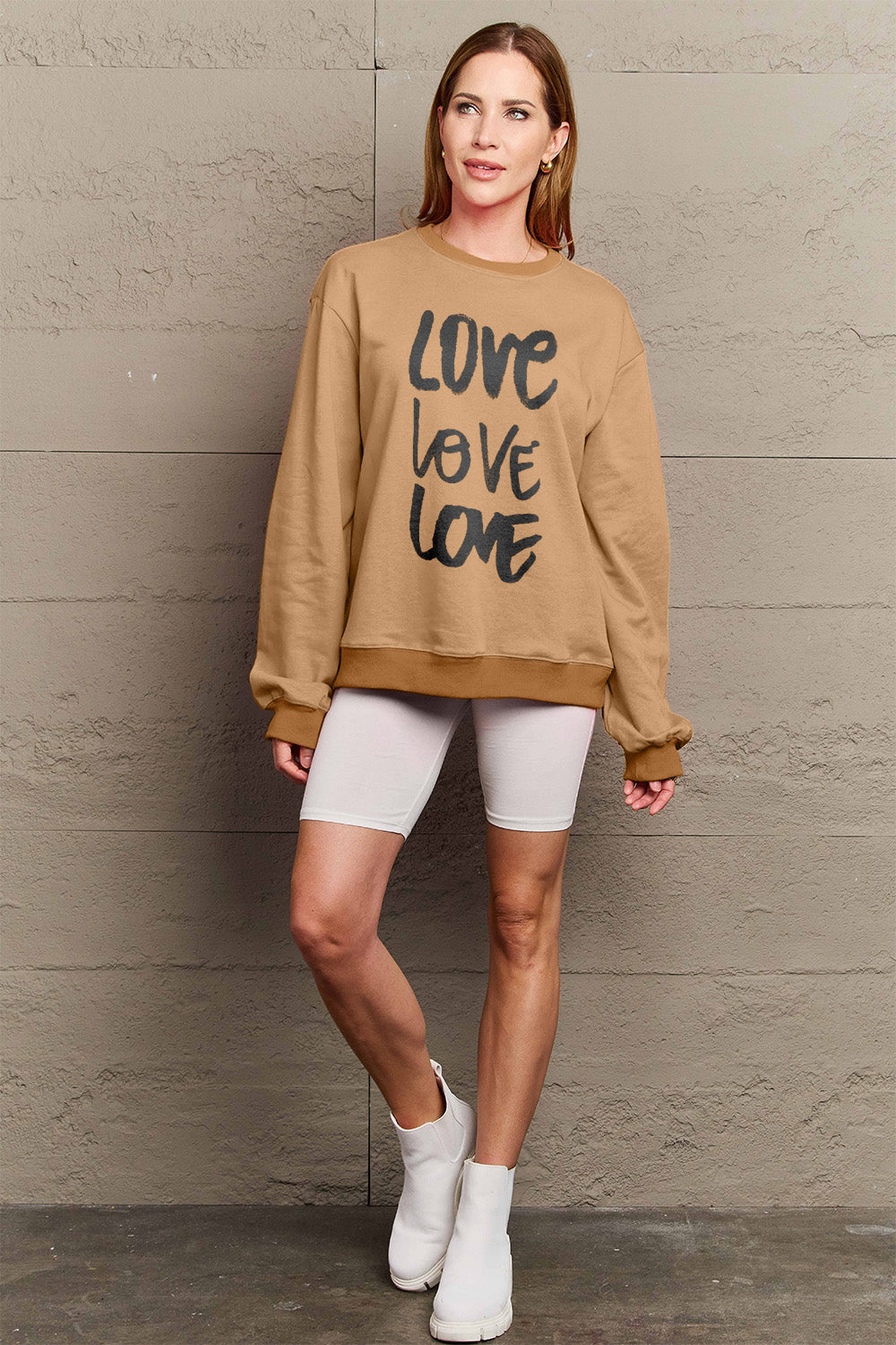 Simply Love Full Size LOVE Round Neck Sweatshirt Trendsi