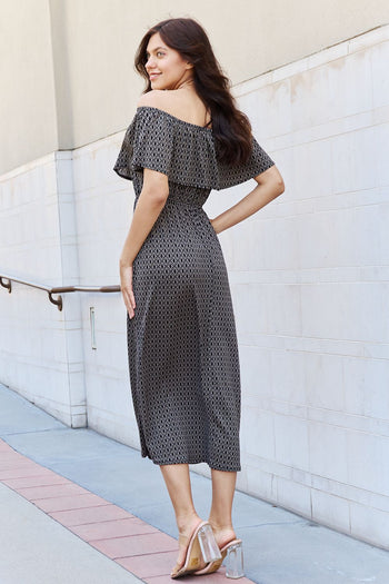 e.Luna My Best Angle Geometric Pattern Off The Shoulder Midi Dress in Black e.Luna